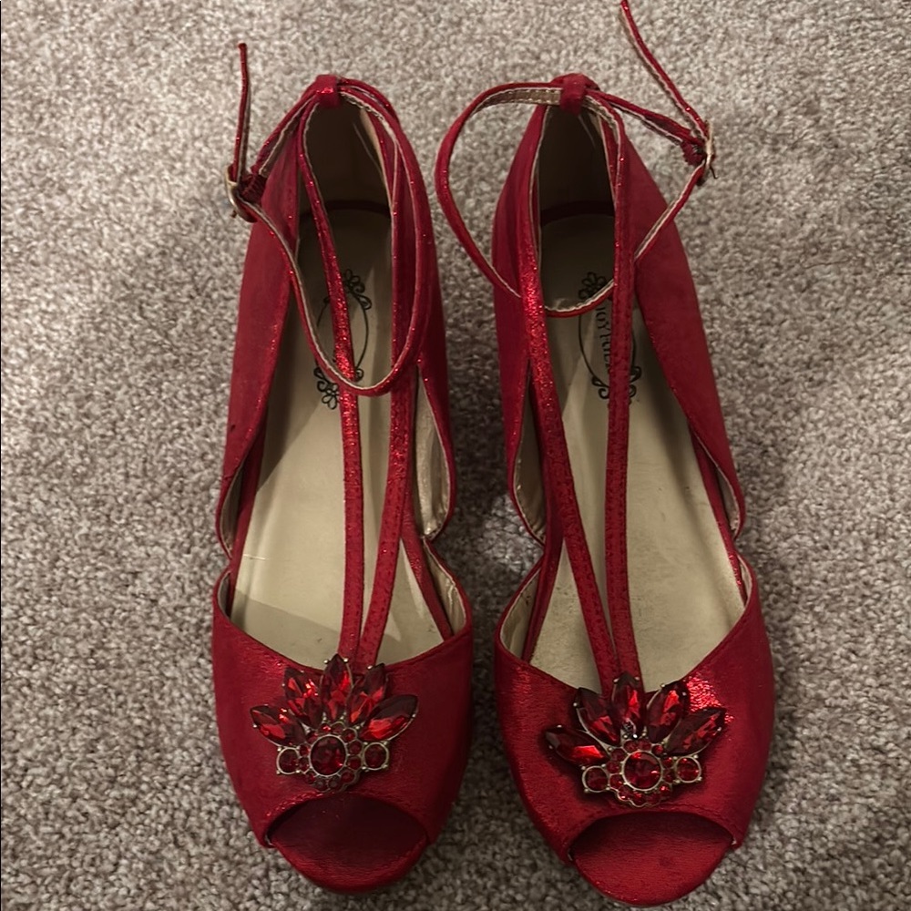 JOYFOLIE ARABELLA SHOES Red Peep-Toe Heels with Bow and Ankle Straight